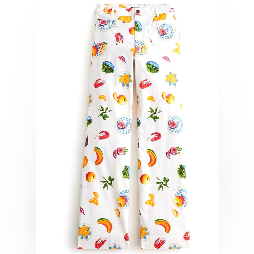 J. Crew White Wide-Leg Pants with Multicolor Fruit Print